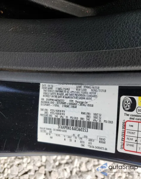 2010 Ford Fusion Sport из США, поврежденный, VIN 3FAHP0KC4AR360353